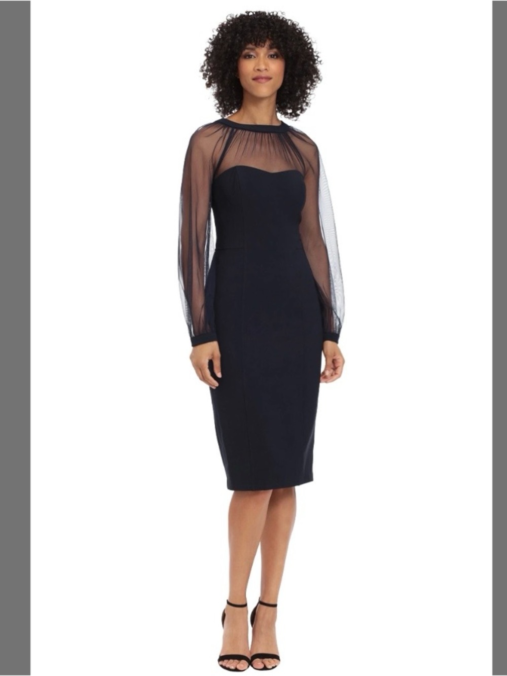 Maggy London Navy Blue Sheer-Sleeve Midi Dress Size 4